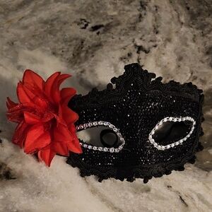 Elegant Black Lace Mask with Red Flower. Mardi Gras. Halloween. Party Flare.